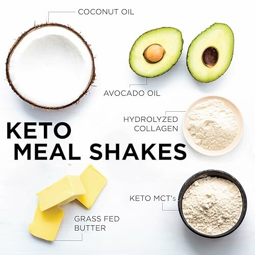 Ingredients for keto meal shakes: coconut oil, avocado oil, hydrolyzed collagen, grass-fed butter, and keto MCTs.