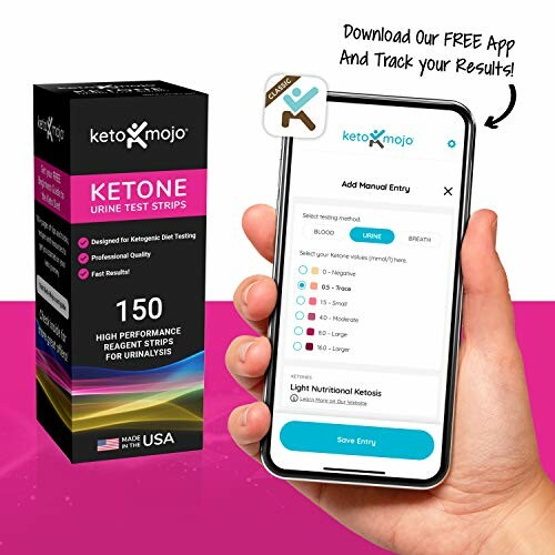 Keto-Mojo ketone measurement chart with test strip showing results.