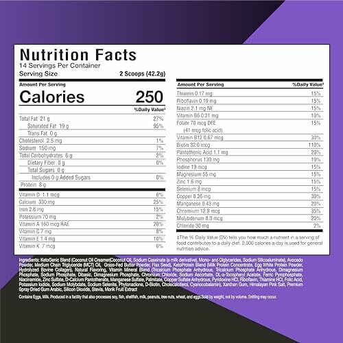 Nutrition facts label with details about calories and nutrients.